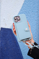 Sky Blue Case with Card Wallet and Strap Lanyard - كفر جلد مع محفظة للبطاقات وخيط علاقة