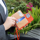 Orange Case with Card Wallet and Strap Lanyard - كفر جلد مع محفظة للبطاقات وخيط علاقة