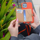 Orange Case with Card Wallet and Strap Lanyard - كفر جلد مع محفظة للبطاقات وخيط علاقة