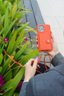 Orange Case with Card Wallet and Strap Lanyard - كفر جلد مع محفظة للبطاقات وخيط علاقة