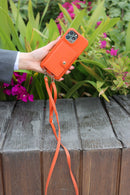 Orange Case with Card Wallet and Strap Lanyard - كفر جلد مع محفظة للبطاقات وخيط علاقة