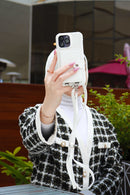 White Case with Card Wallet and Strap Lanyard - كفر جلد مع محفظة للبطاقات وخيط علاقة