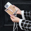 White Case with Card Wallet and Strap Lanyard - كفر جلد مع محفظة للبطاقات وخيط علاقة