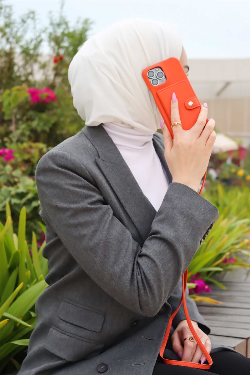 Orange Case with Card Wallet and Strap Lanyard - كفر جلد مع محفظة للبطاقات وخيط علاقة
