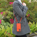 Orange Case with Card Wallet and Strap Lanyard - كفر جلد مع محفظة للبطاقات وخيط علاقة