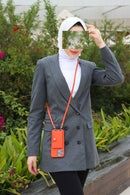 Orange Case with Card Wallet and Strap Lanyard - كفر جلد مع محفظة للبطاقات وخيط علاقة