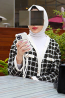 White Case with Card Wallet and Strap Lanyard - كفر جلد مع محفظة للبطاقات وخيط علاقة