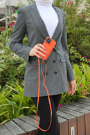 Orange Case with Card Wallet and Strap Lanyard - كفر جلد مع محفظة للبطاقات وخيط علاقة