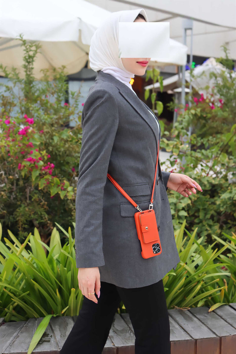 Orange Case with Card Wallet and Strap Lanyard - كفر جلد مع محفظة للبطاقات وخيط علاقة