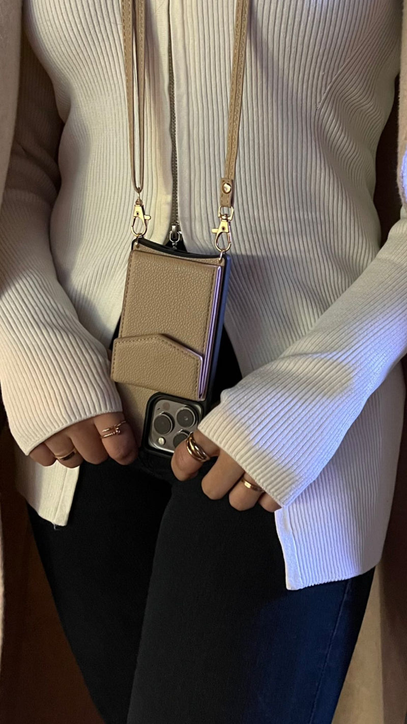 Brown Nude Leather Case with Mirror, Card Wallet and Strap Lanyard - كفر جلد مع محفظة للبطاقات ومرايا وخيط علاقة