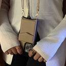 Brown Nude Leather Case with Mirror, Card Wallet and Strap Lanyard - كفر جلد مع محفظة للبطاقات ومرايا وخيط علاقة