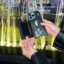 Black Wallet Leather Case with Mirror, Card Slot and Lanyard - كفر مع مراية ومكان للبطاقات وخيط علاقة