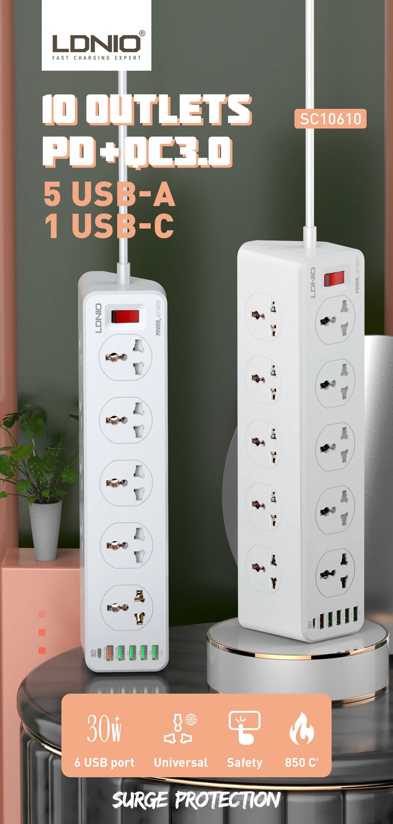 LDNIO Charger Power Strip With 10 Outlets - 30W - 6-Port USB Wall Charger Adapter - موزع شاحن حائط دولي - 10 مخارج كهرباء + 6 مخارج للشحن - قوة 30 واط - كفالة 12 شهر