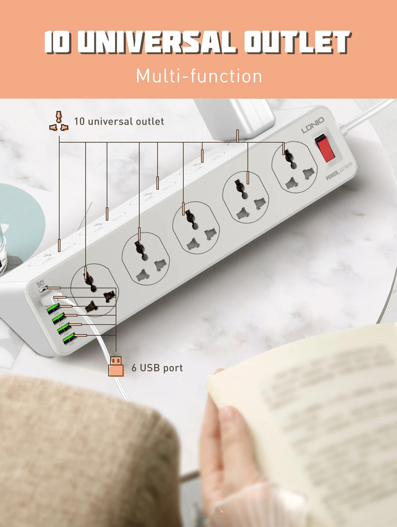 LDNIO Charger Power Strip With 10 Outlets - 30W - 6-Port USB Wall Charger Adapter - موزع شاحن حائط دولي - 10 مخارج كهرباء + 6 مخارج للشحن - قوة 30 واط - كفالة 12 شهر