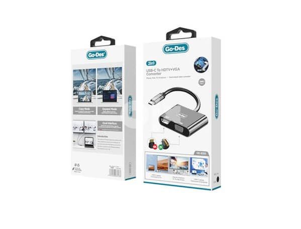 Go-Des 2 in 1 USB-C to HDMI + VGA Converter - وصلة تايب سي - 2 في 1 - اتش دي ام اي + في جي ايه