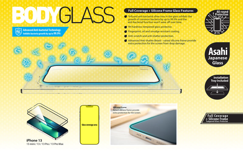 Torrii BODYGLASS Screen Protector Anti-bacterial Coating for iPhone - Full Coverage + Silicon Frame - Clear - حماية شاشة مضاعفة لجميع اطراف الشاشة - توري - مقاومة للخدش والبكتيريا